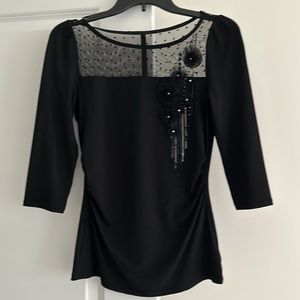 WHBM 3/4 Sleeve Top With Mesh and Floral/Sequin Embellishments. Size S.